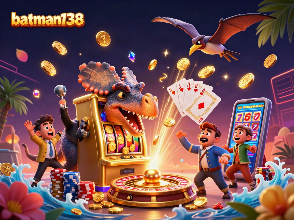 Experience batman138's thrilling jackpot action as a cartoon dinosaur triggers a golden slot machine payout.