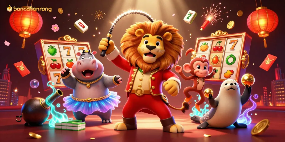 Engage with the vibrant world of bancathanrong in this energetic casino scene filled with colorful slot reels and animated circus characters.