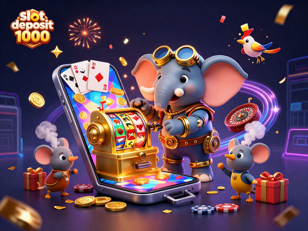 Engage with slot deposit 1000 through a vibrant 3D illustration featuring fun gaming elements.