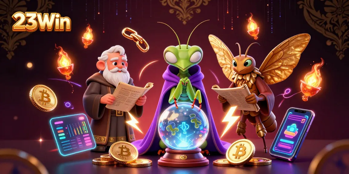 Experience the thrills of 23Win with this animated casino scene showcasing a fortune teller alongside digital cryptocurrency elements.