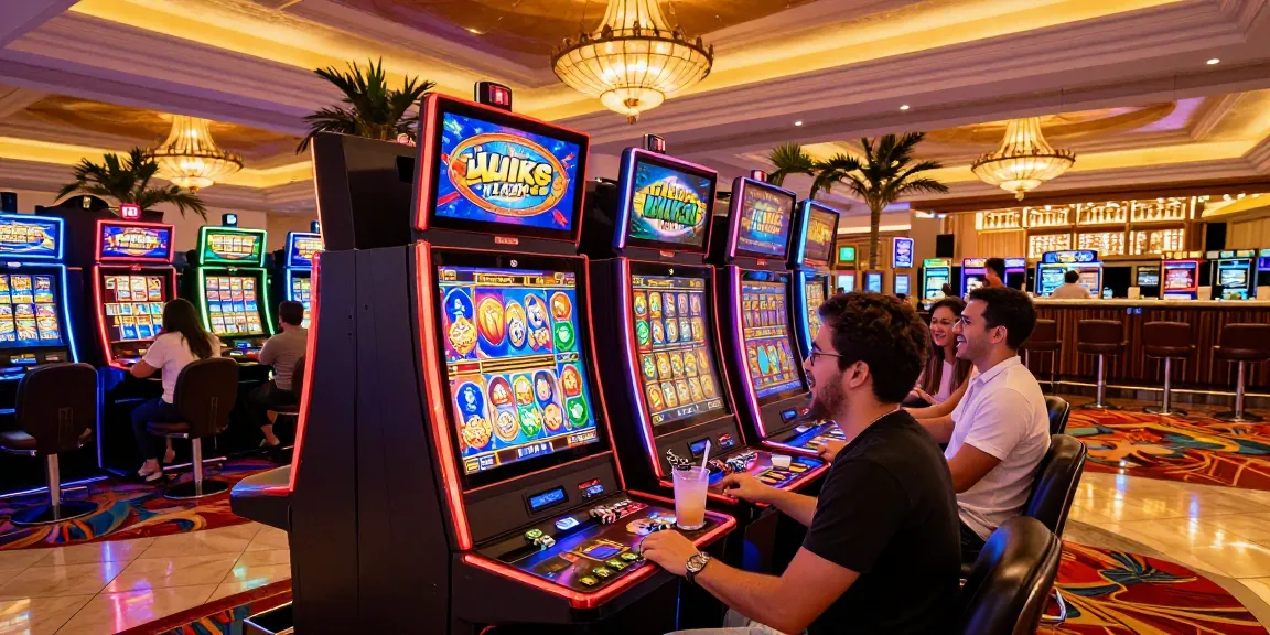 Group enjoying vibrant slot luar negeri machines in a lively casino resort.