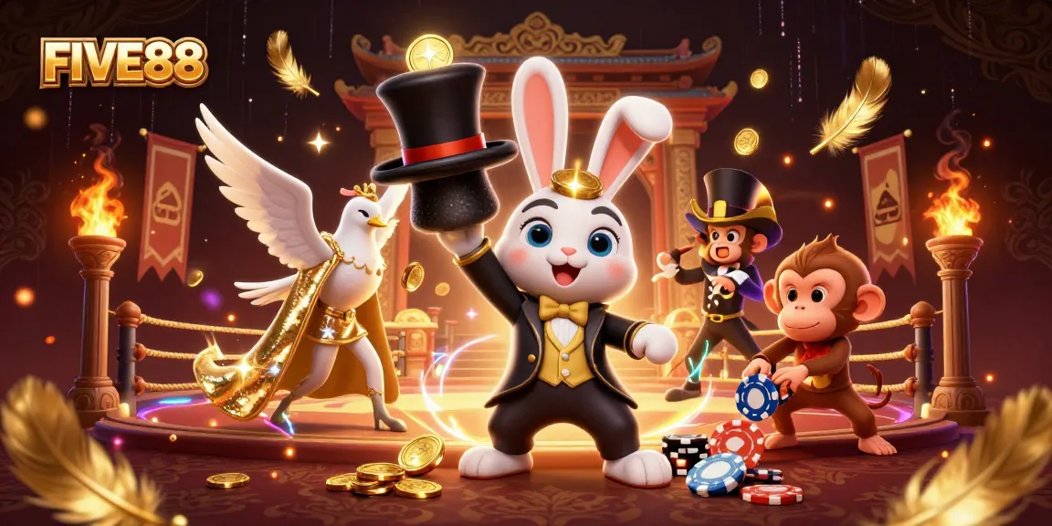 Immerse in the magic of FIVE88 with a 3D illustration of a magician rabbit and a dove in a casino scene.