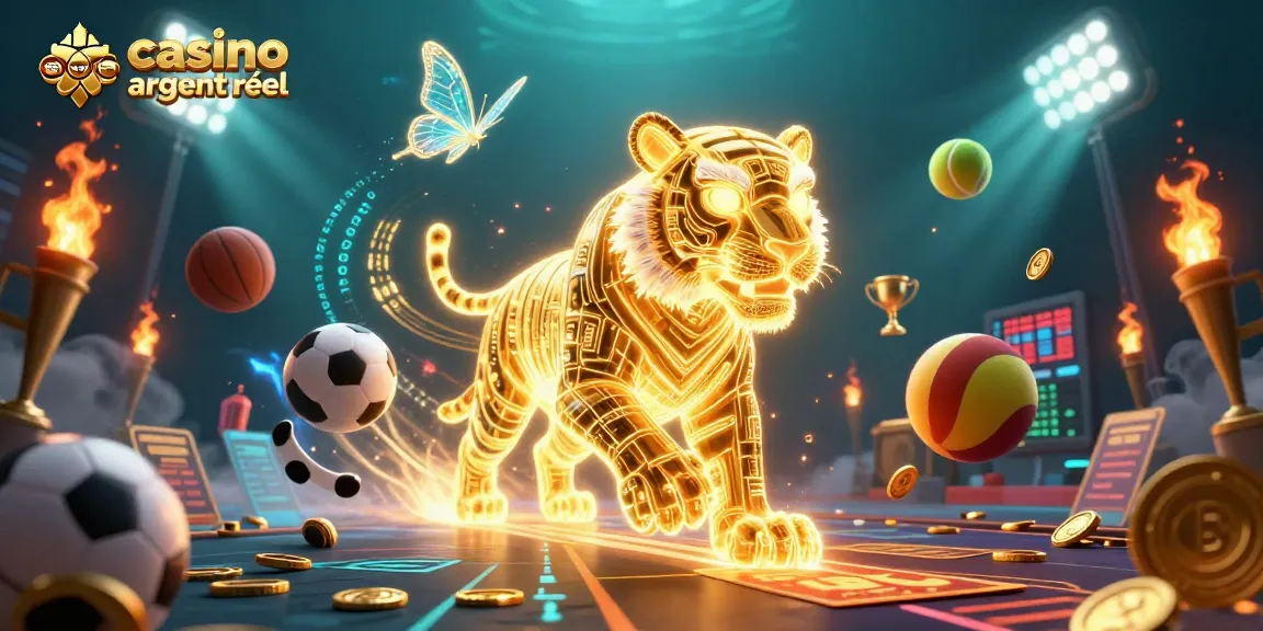 Il s'agit d'une illustration vibrante de casino en ligne argent réel mettant en scène un tigre lumineux et des éléments de jeu spectaculaire.