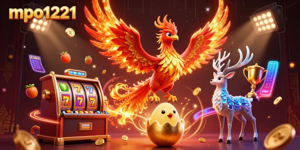 Experience the excitement of mpo1221 with a dynamic scene showcasing slots, a phoenix, and game elements.