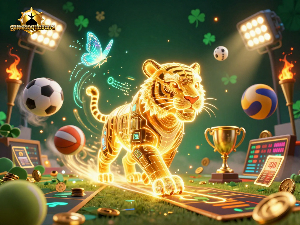 Experience the thrill of gamenongtraivuive with a vibrant digital casino illustration featuring a golden tiger and dynamic sports elements.