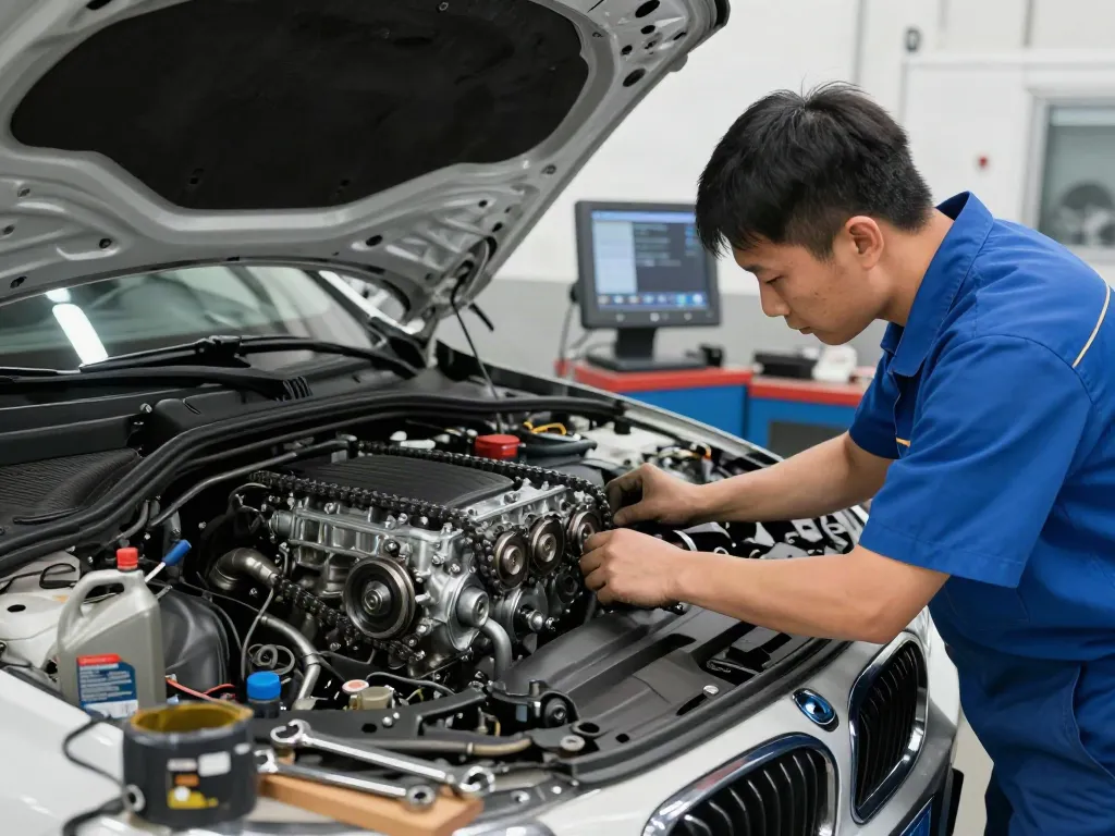 Professioneller Mechaniker überprüft die BMW Steuerkette in einer Werkstatt in Hannover.