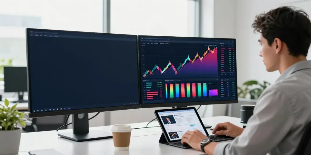 Trader using TradingView for market analysis in a modern office workspace.