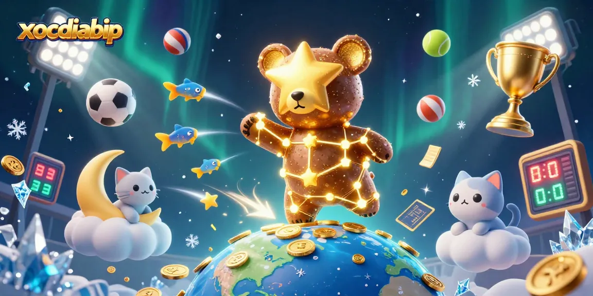 xocdiabip showcases a fun casino scene with a constellation bear, sports balls, and vibrant designs.