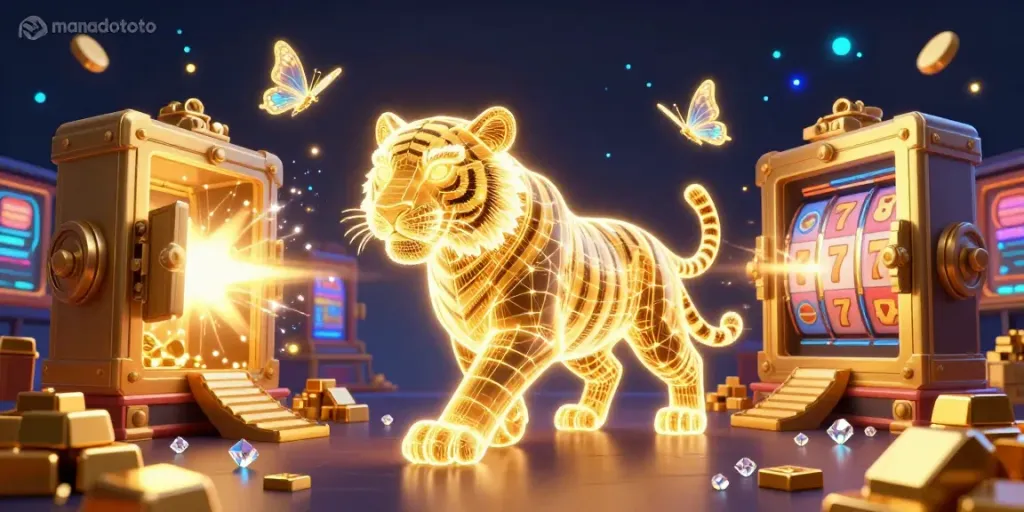 Experience the excitement of manadototo with a neon wireframe tiger prowling through a vibrant casino.