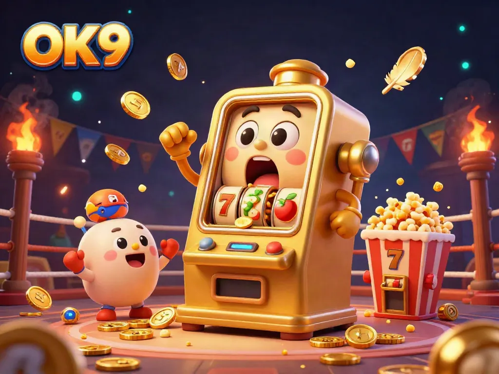 Win big with OK9 as a golden slot machine celebrates its jackpot amidst cheering companions.