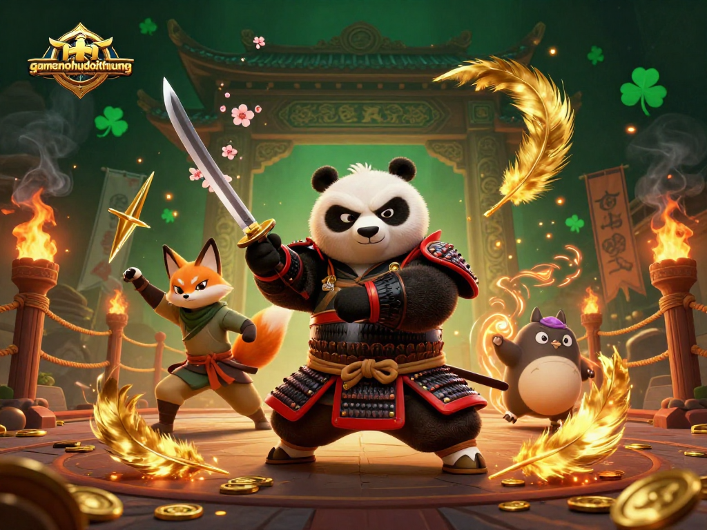 Spin and win with gamenohudoithuong featuring samurai panda in a thrilling casino scene.