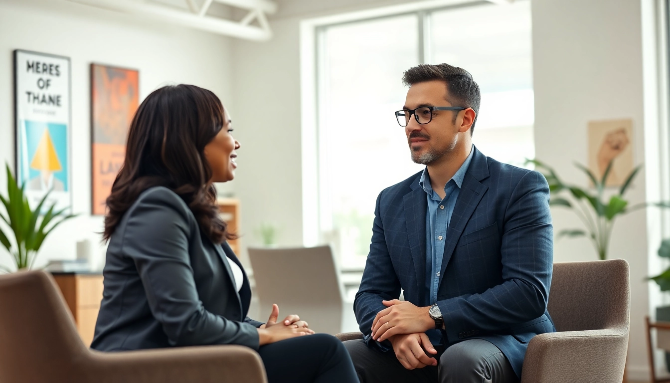 Engaging Career Coaching session in a modern office highlighting professional interaction.