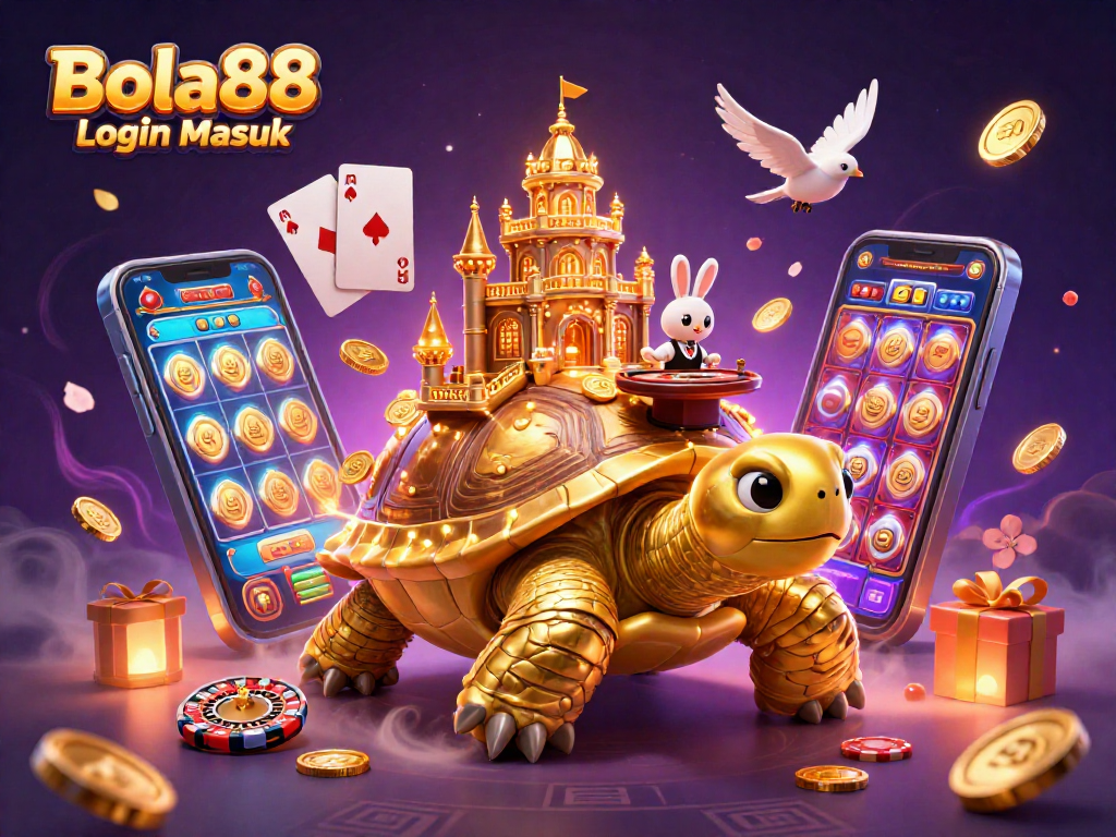 Bola88 Login Masuk showcases vibrant casino action with golden tortoise, rabbit dealer, and flying coins.