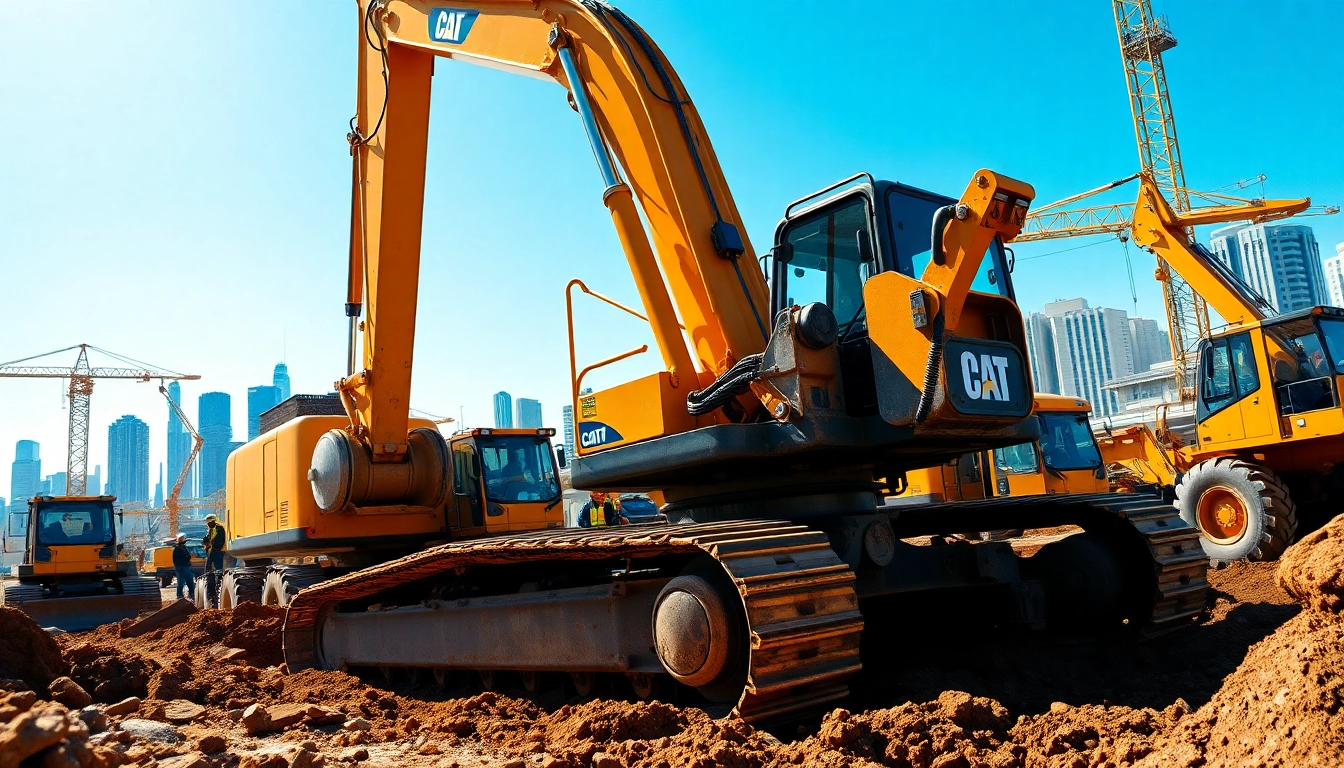 Excavator digging at a construction site with bright sunlight and clear skies.