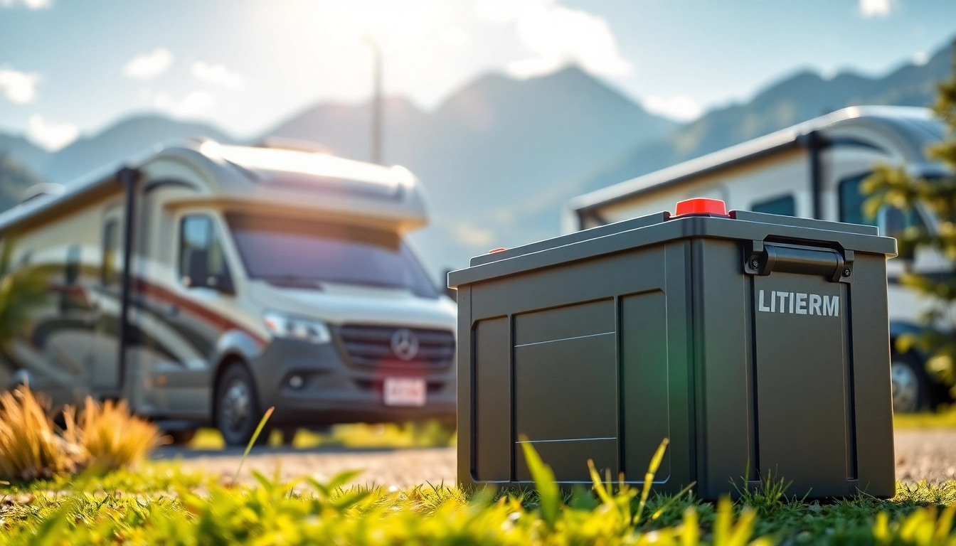 Compare features of lithium RV batteries in a scenic outdoor setting for clarity and engagement.