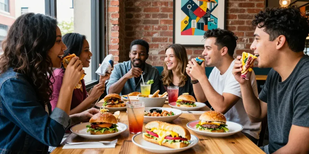 Best brunch Austin scene with friends enjoying NYC-inspired breakfast sandwiches, vibrant atmosphere, and Eggman Roll.