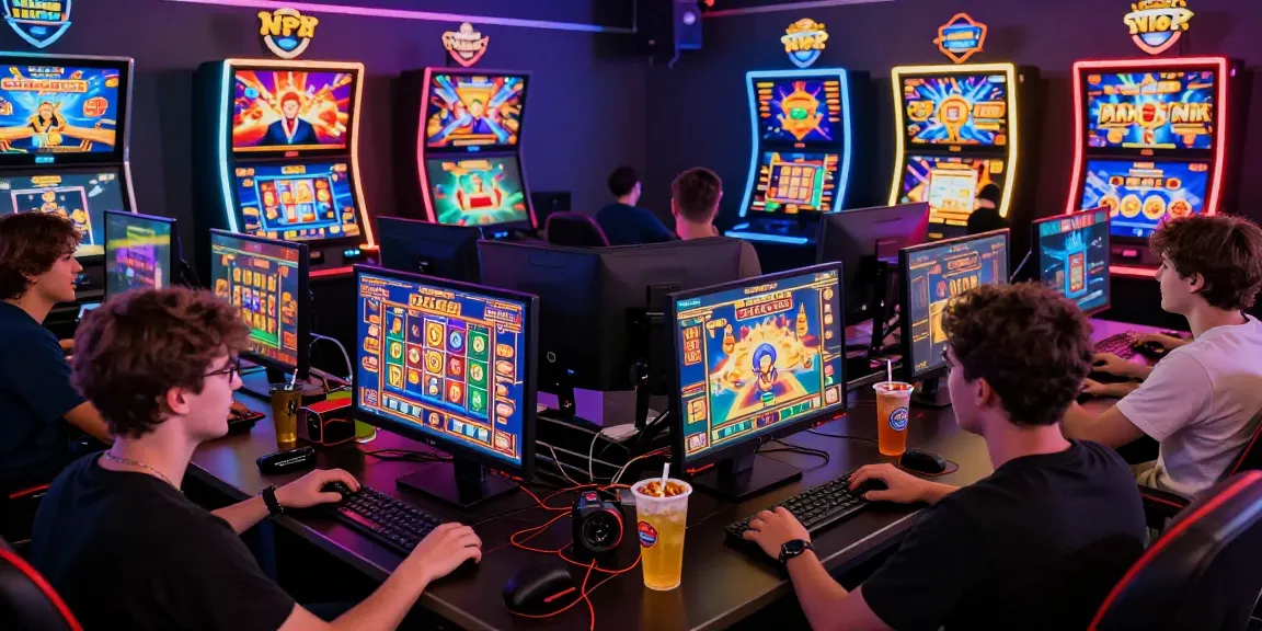 Excited players enjoying immersive slot mpo gaming experience in a vibrant gaming lounge.