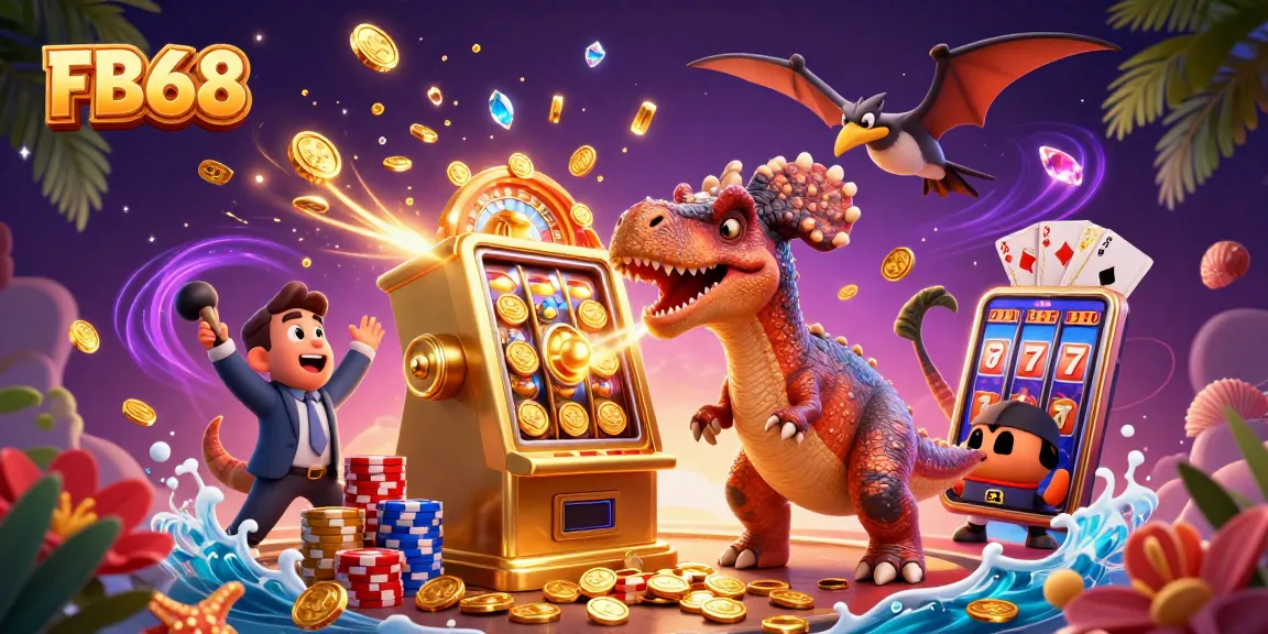 Experience the thrill with FB68 as a pachycephalosaurus jackpot and pteranodon catch flying coins in this vibrant casino scene.