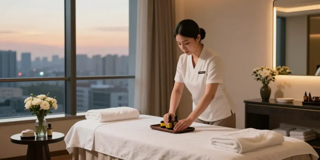 Relaxing hotel massage setup for 브라보출장 services with elegant decor and soft lighting.