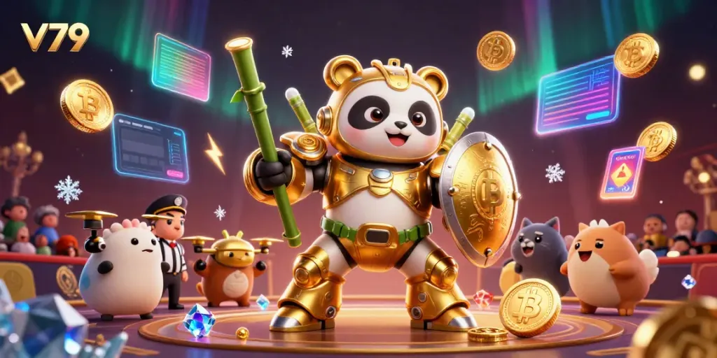 Experience gaming thrills with v79's vibrant 3D panda mech-suit battle scene amid glowing crypto coins.