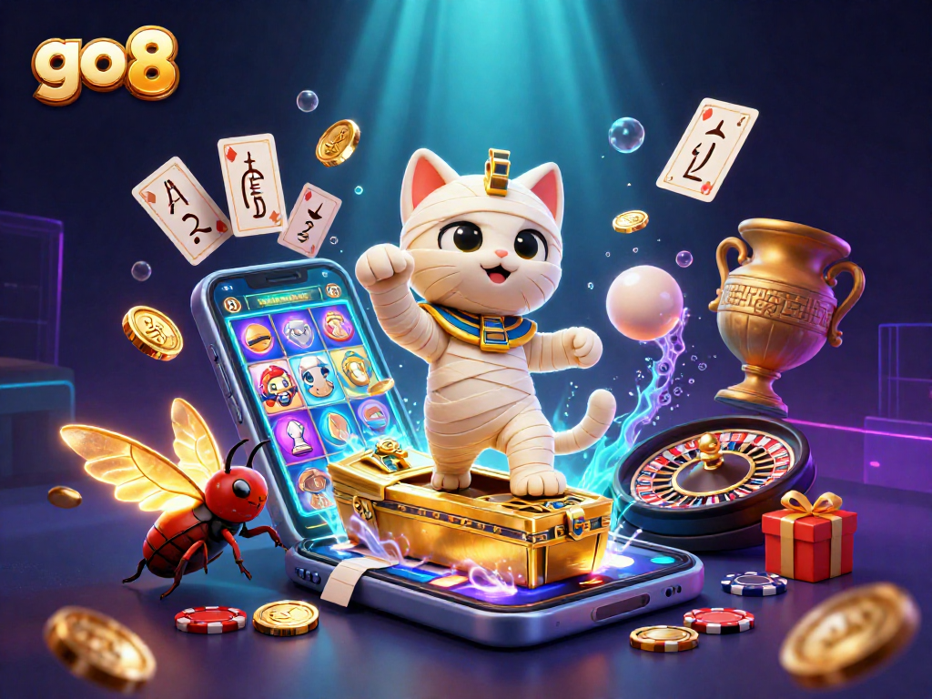 Experience the excitement of go 8 with a vibrant casino scene featuring a mummy cat and golden elements.