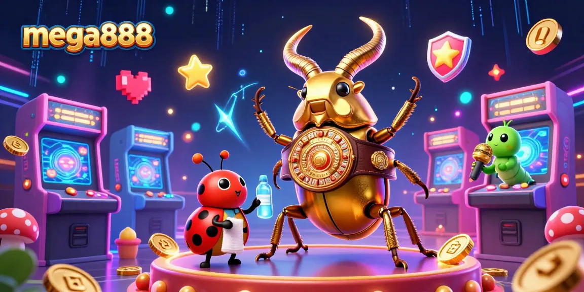 Experience mega888 thrills with a vibrant casino scene featuring colorful arcade elements and dynamic characters.