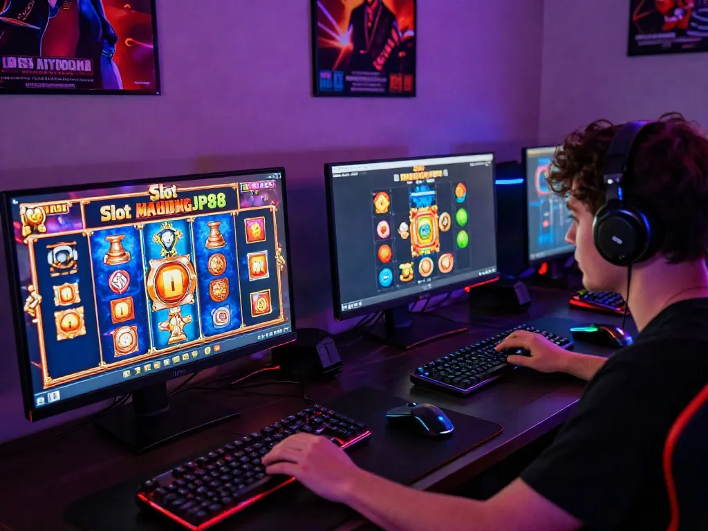 Exciting gaming experience with Slot MAHJONGJP88 displayed on screen, colorful graphics, and an immersive atmosphere.