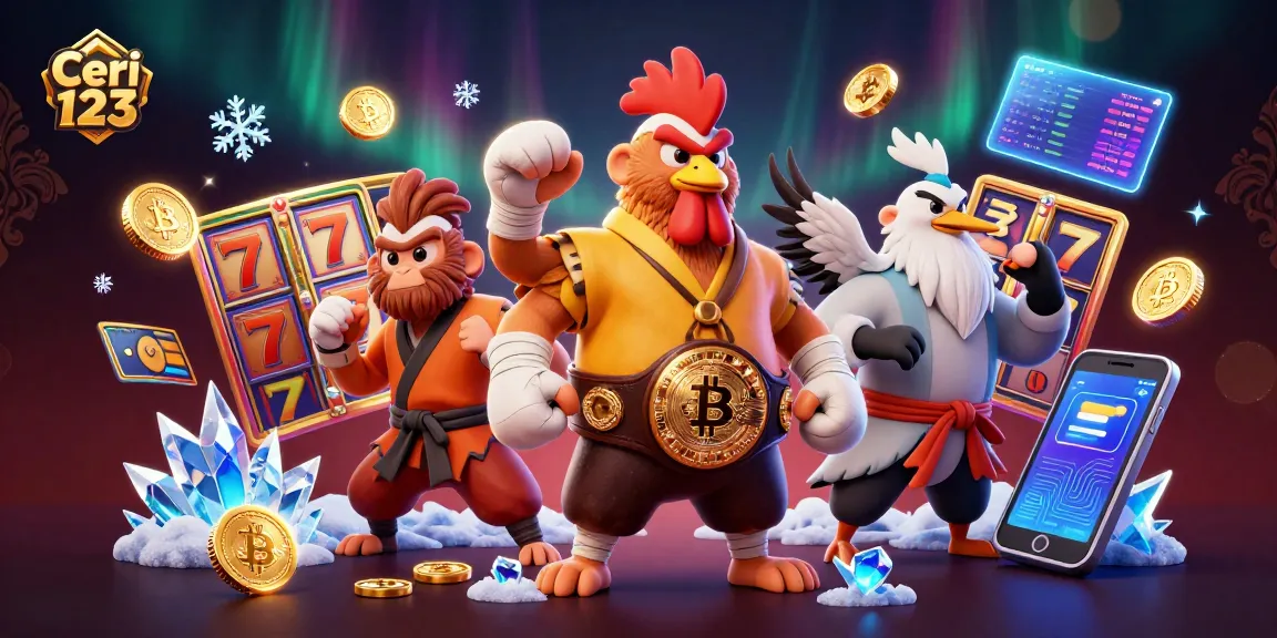 Spin slots and win big with Ceri 123’s thrilling gaming experience featuring vibrant characters and crypto elements.