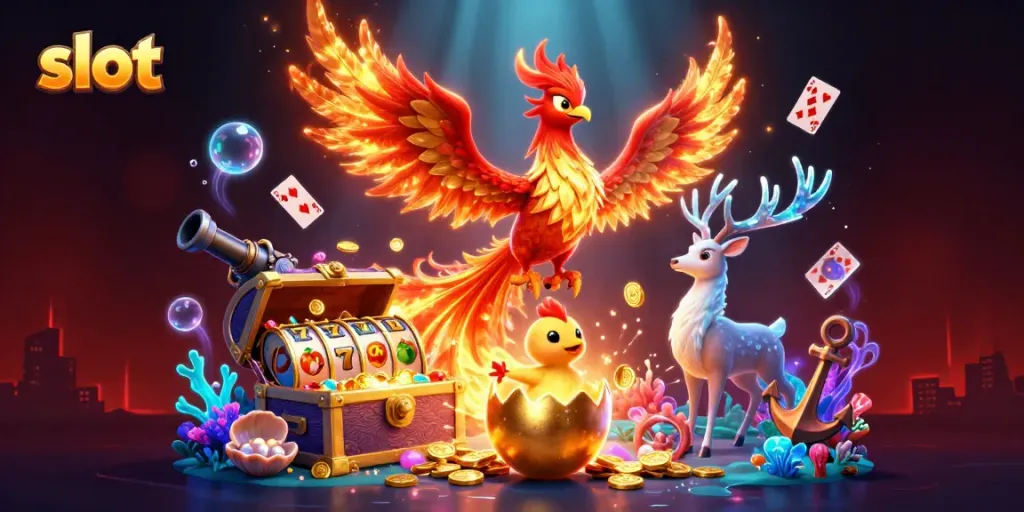 Spin the slot reels and discover treasures in this vibrant casino illustration with phoenix symbols.