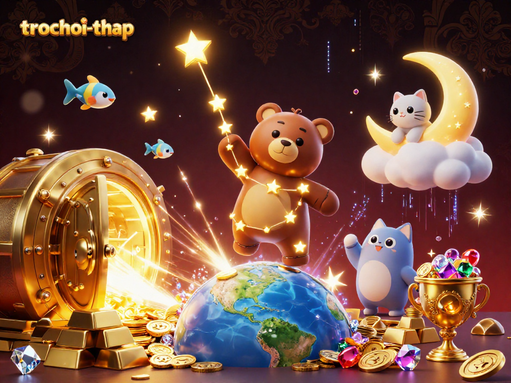 Experience trochoi-thap's thrill as a constellation bear triumphs, scooping coins amidst a vibrant treasure scene.
