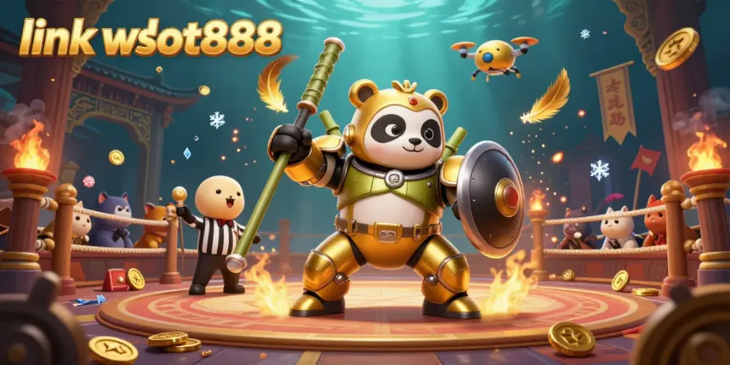 Jelajahi link wslot888 dalam ilustrasi kasino yang menggambarkan panda emas, robot tempur, dan koin emas mengelilinginya.
