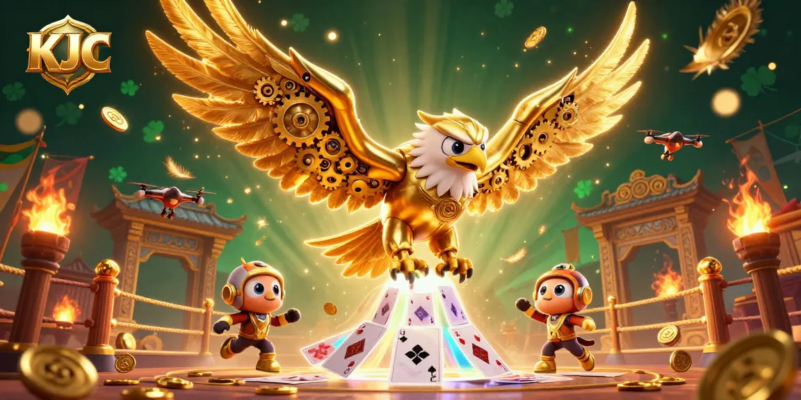 KJC gambling adventure featuring a cybernetic eagle soaring through holographic cards, amidst a vibrant casino scene.