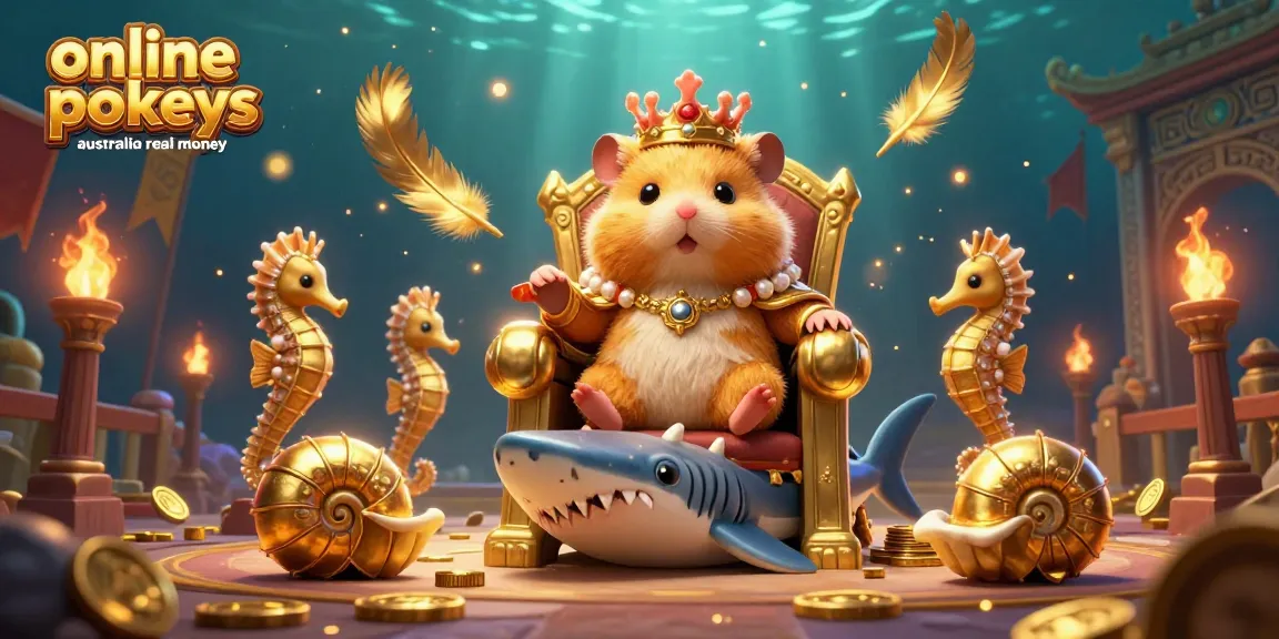 Experience the thrill of online pokies Australia real money with an enchanting cartoon scene featuring a hamster king and casino elements.