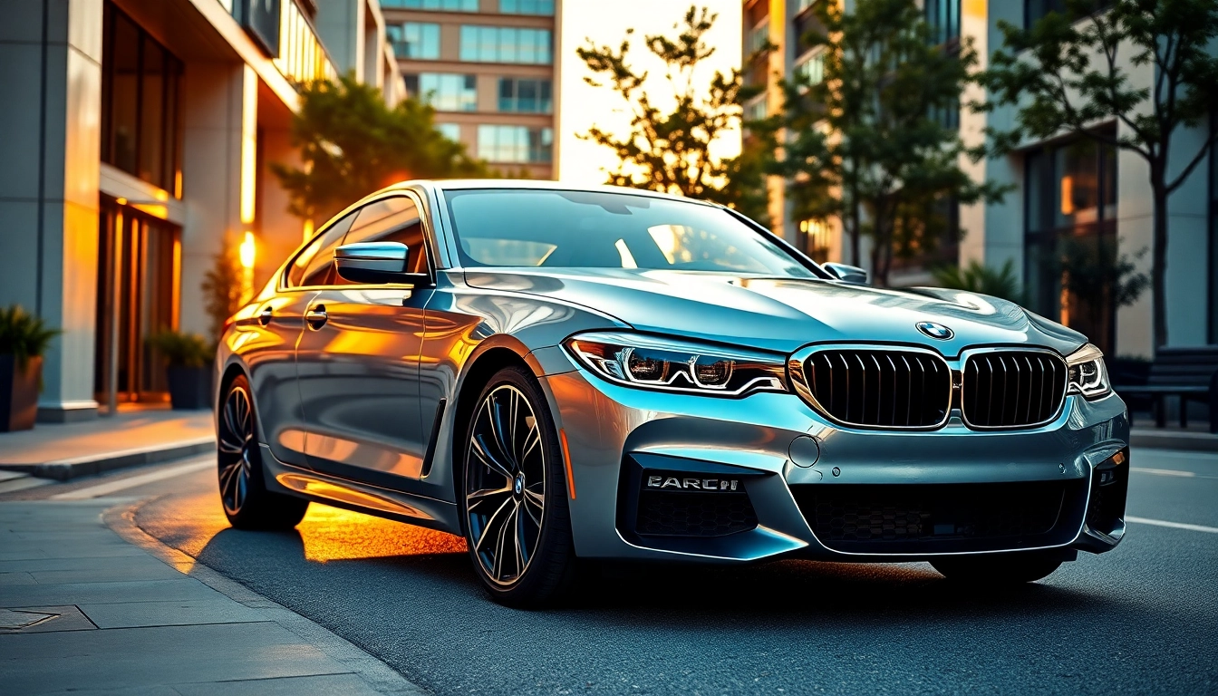 Showcasing a Luxury BMW car in an elegant urban setting, highlighting its sleek design and sophistication.