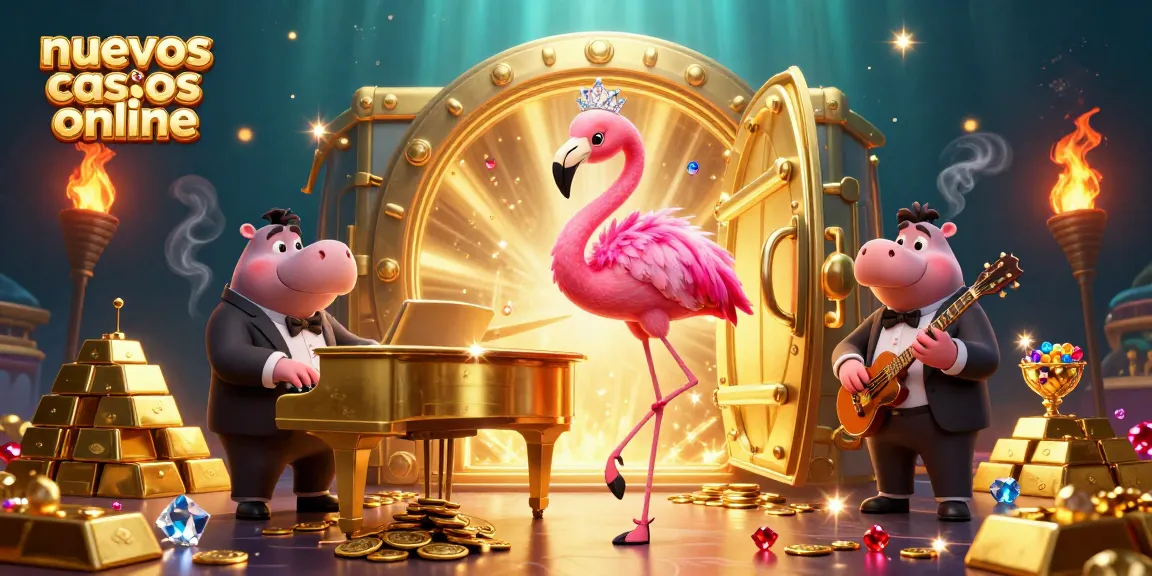 Los nuevos casinos online ofrecen experiencias vibrantes y emocionantes, como esta ilustración de flamenco y hipopótamo en un casino.