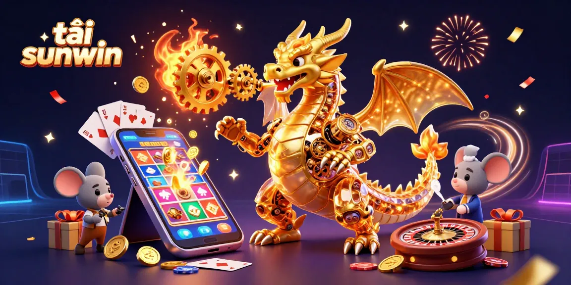 Engage with tải sunwin by exploring a vibrant scene with a golden dragon, slots, playing cards, and roulette.