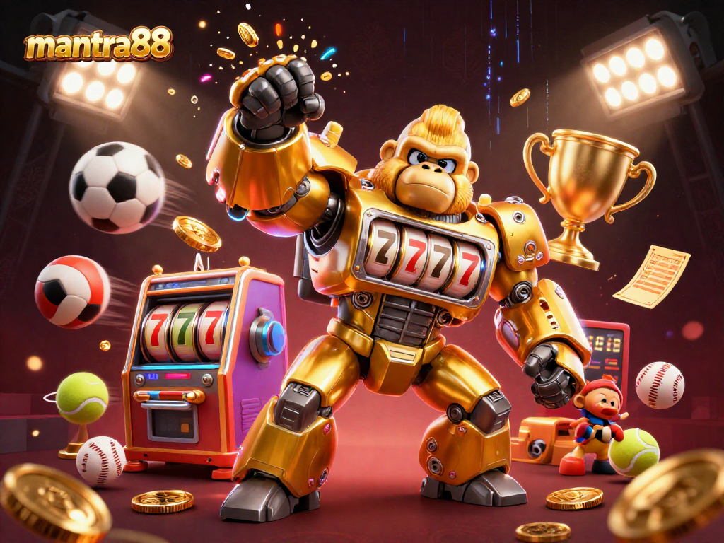 Engage with mantra88's captivating 3D casino illustration featuring a golden gorilla mech and vibrant sports elements.