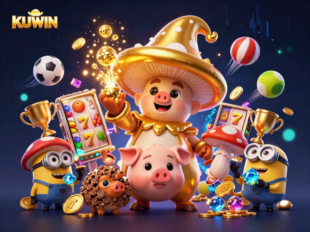 Win big with KUWIN's imaginative wizard and treasure-hunting pig in this vibrant gaming illustration.