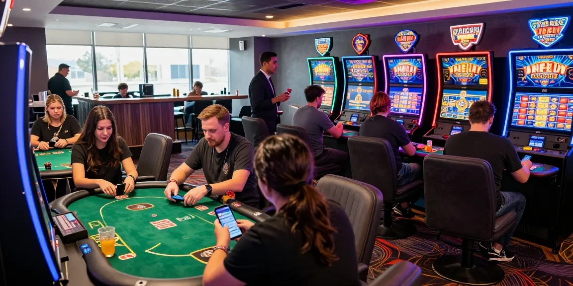 Exciting gaming environment showcasing situs888 gacor with players engaged at electronic gaming machines.