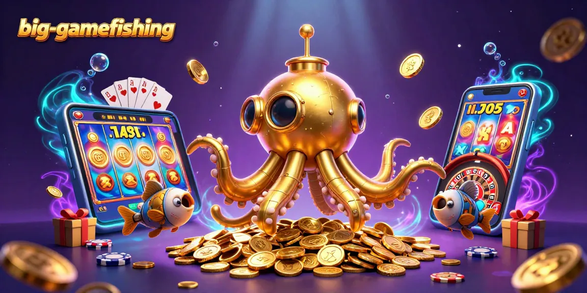 Engage in big-gamefishing with a vibrant 3D illustration of a kraken submarine amidst casino games.