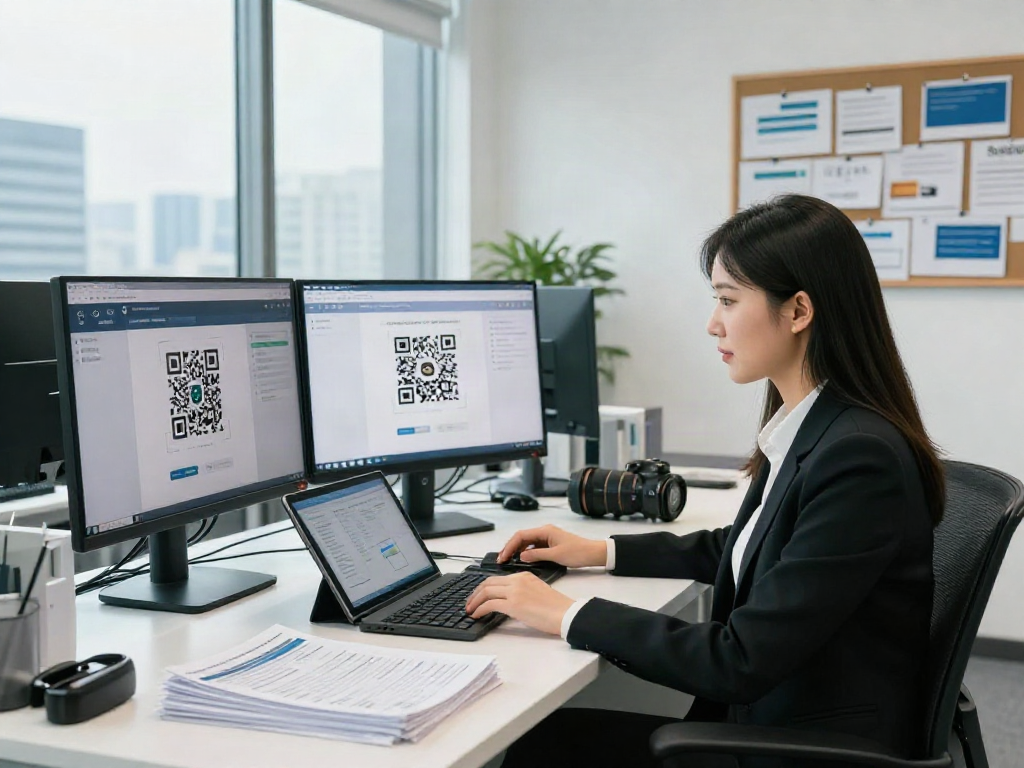 Professional woman analyzing slot qris payment data in a modern office setting