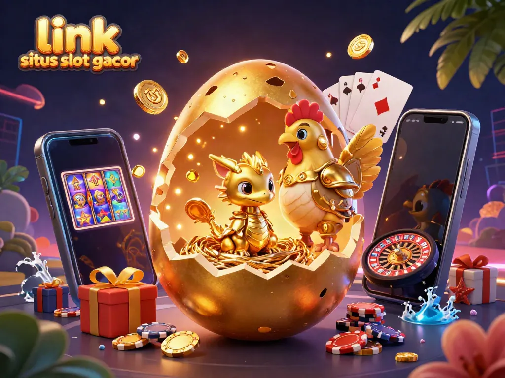 Jelajahi tautan situs slot gacor dengan ilustrasi kartun 3D dari telur emas dan naga.