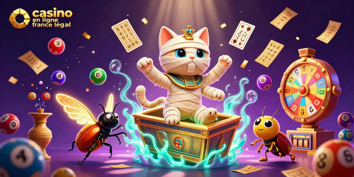 Illustration dynamique d'un chat momie égyptien dans un casino avec "casino en ligne france légal".