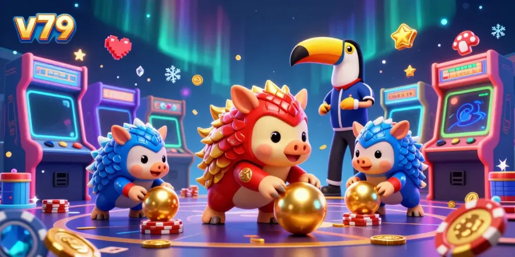 Experience thrilling gameplay with v79 featuring rival pangolins in an exciting casino scene full of games.