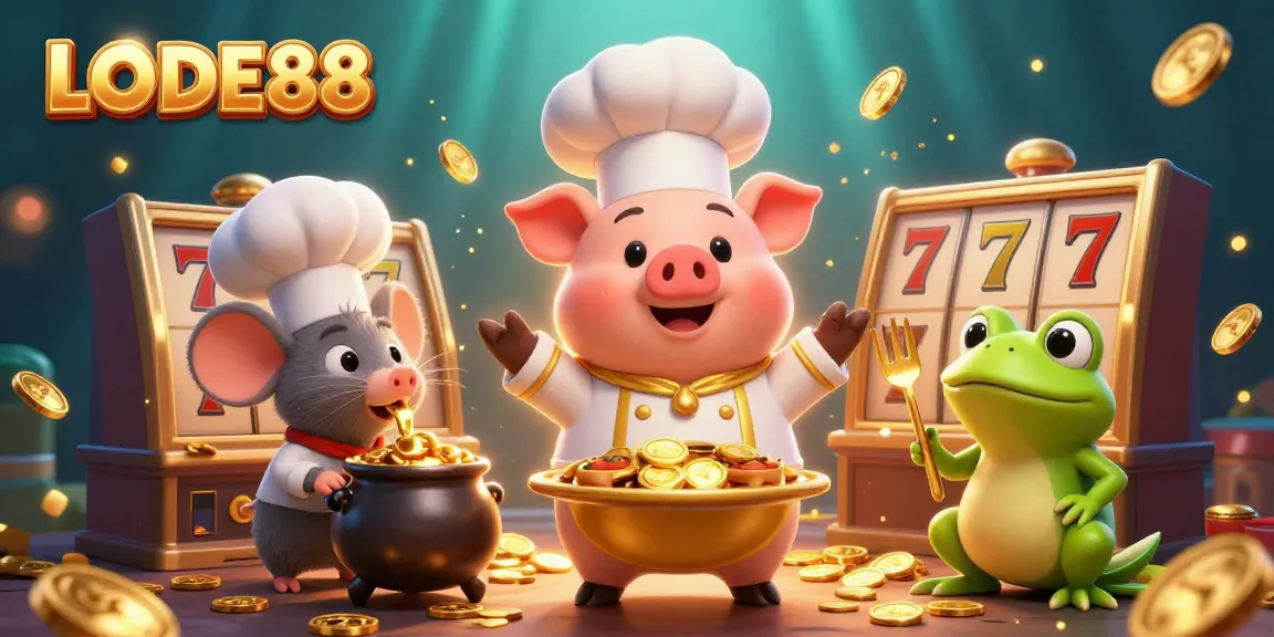 Experience LODE88 with a cartoon chef pig serving gold coins in a vibrant online casino scene.