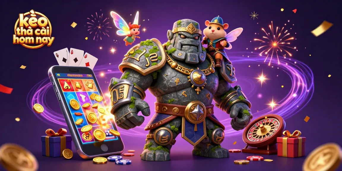 Engage with kèo nhà cái hôm nay as the stone golem guardian and fairy spread magical winnings in a vibrant casino scene.