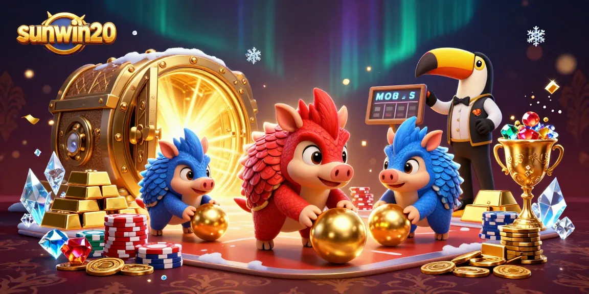 Bowling pangolins roll golden balls in a vibrant sunwin20 casino scene full of treasures.