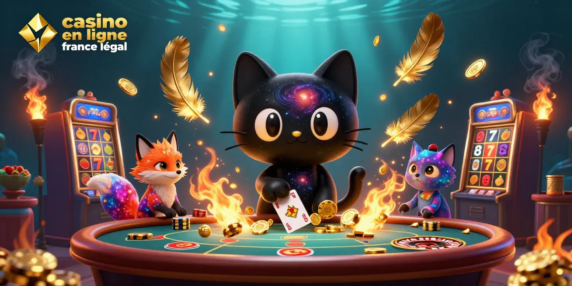 Illustration dynamique de casino en ligne légal en France avec un chat noir et une renarde gazeuse.