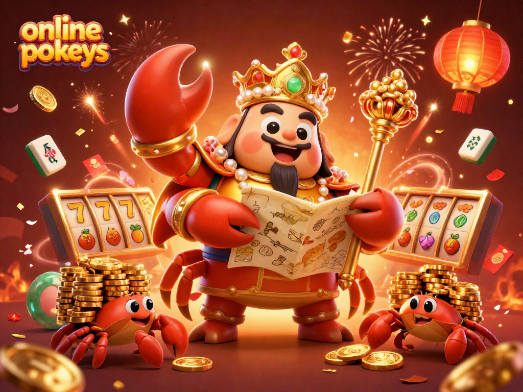 Play online pokies with fun characters amidst vibrant casino elements and festive decor.