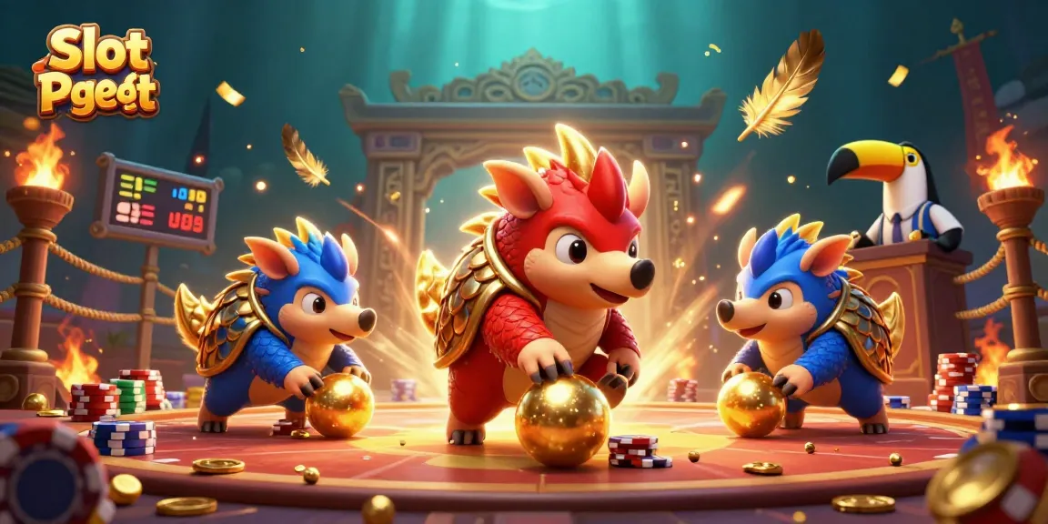 Spin the reels with Slot Demo Pg Soft as rival pangolins compete amidst gold and confetti.